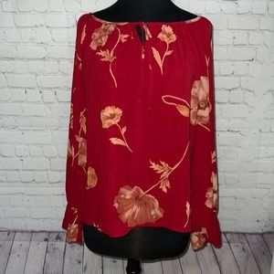 COPY - 1X Maggie Mc Naughton deep red floral blouse. Scoop neck. Long blousey s…